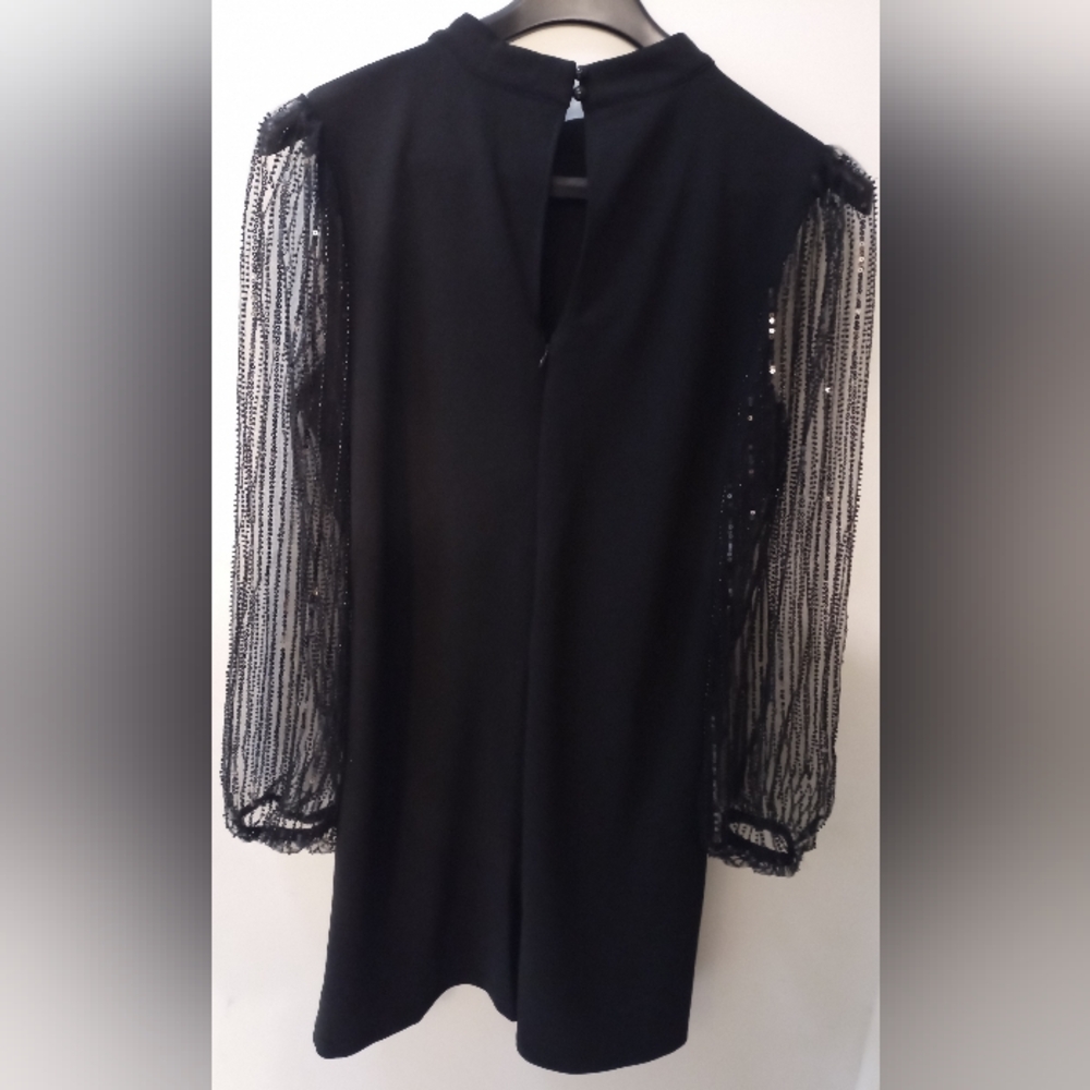 Le Château Black Mini Dress XL Sequin Sheer Sleeves, Keyhole Back Elegant Dress